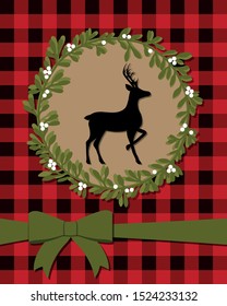 Classic Christmas card with reindeer on Buffalo texture. Vector template