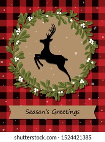 Classic Christmas card with reindeer on Buffalo texture. Vector template