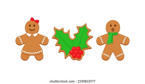 Classic Christmas cookies. Gingerbread man, woman and holy. Xmas biscuit isolated on white background. Noel holiday sweet dessert. Cute ginger bread characters in flat design. Vector illustration.