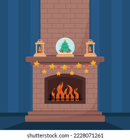 Classic Christmas fireplace with socks, Christmas lanterns, candles and glass snow globe. Celebrating New Year and Christmas. Vector illustration in cartoon style