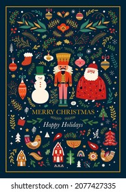 Classic Christmas greeting illustration with funny Santa Claus, nutcracker and snowman. Big Christmas collection in Scandinavian style with traditional Christmas and New Year elements