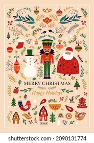 Classic Christmas greeting illustration with funny Santa Claus, nutcracker and snowman. Big Christmas collection in Scandinavian style with traditional Christmas and New Year elements