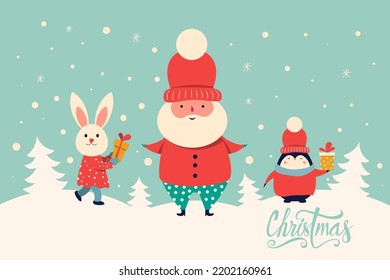 Classic Christmas greeting illustration with funny Santa Claus, penguin and bunny. Big Christmas collection in Scandinavian style with traditional Christmas and New Year elements. Vector illustration.