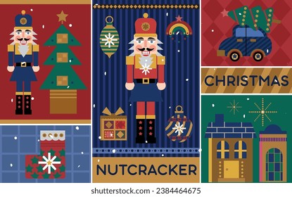 Classic Christmas greeting illustration with funny nutcracker. Merry Christmas, New Year pattern set. Traditional Christmas symbols and decorative elements for poster and brochure. Xmas templa.