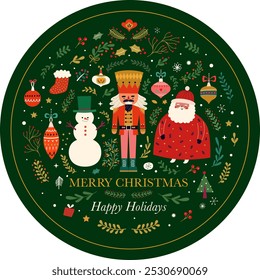 Classic Christmas greeting illustration with funny Santa Claus, nutcracker and snowman. Christmas circle composition in Scandinavian style with traditional Christmas and New Year elements
