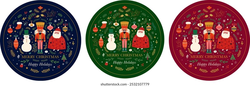 Classic Christmas greeting illustration with funny Santa Claus, nutcracker and snowman. Christmas circle composition in Scandinavian style with traditional Christmas and New Year elements. Gift boxes