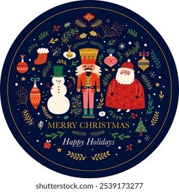 Classic Christmas greeting illustration with funny Santa Claus, nutcracker and snowman. Christmas circle composition in Scandinavian style with traditional Christmas and New Year elements