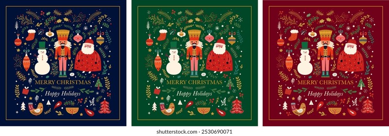 Classic Christmas greeting illustrations with funny Santa Claus, nutcracker and snowman. Big Christmas collection in Scandinavian style with traditional Christmas and New Year elements.