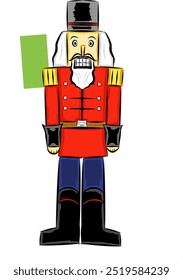 classic Christmas nutcracker in red uniform, black hat against white backdrop with green accent.