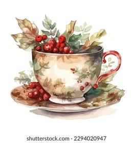 Classic christmas theme tea cup decoration with red berries and leaves