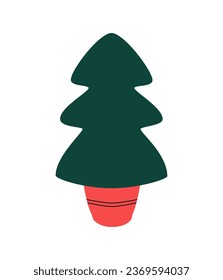 Classic Christmas tree in pot. Fluffy pine. Hand drawn doodle. Winter holidays. New Year. Icon, symbol, logo.