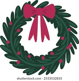 Classic Christmas wreath with a large red bow and green foliage. For web icons, festive greeting cards, holiday textiles.