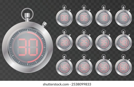 Classic chrome stopwatch with digital display. Set of stopwatch icons on checkered background. Vector illustration