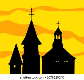 Classic church silhouette on yellow background. Vector illustration.