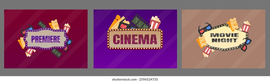 Classic Cinema Movie Night Badges Banners For Casino Slots Posters Advertising Light Neon Tickets Pop Corn Glasses Film Tape Isolated Vector Design