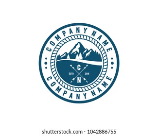 Classic Circle with Mountain and Pine tree - Find the Way with Compass Arrow Symbol VIntage Circle Logo Vector