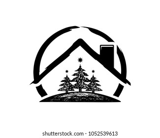 Classic Circle and Roof of the House and Chimney and Pine Tree for Christmas Sign Symbol Icon Logo Vector