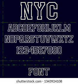 Classic circuit font college with a uppercase letters, flat style. Used for football, baseball or basketball logos and T-shirts. It is made in the American style. Vector illustration.