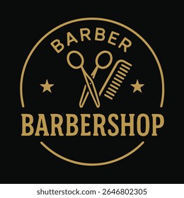 Um logotipo clássico circular da barbearia com tesoura dourada e um pente, acentuado com estrelas, sobre um plano de fundo preto elegante. Ideal para empresas modernas e tradicionais de aliciamento.