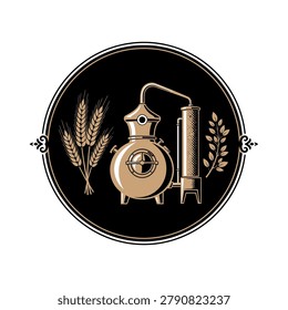 Classic circular emblem featuring a traditional whiskey still and wheat stalks, ideal for craft breweries, distilleries, and artisanal spirit packaging.