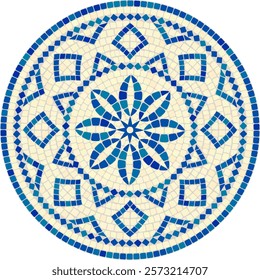 Classic circular mosaic ornament in blue colors on a light background. For ceramics, tiles, ornaments, backdrops and other projects.