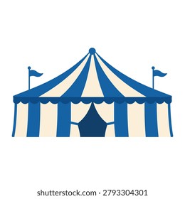 Classic circus tent vector illustration, carnival show entertainment festival event, blue and white stripes.