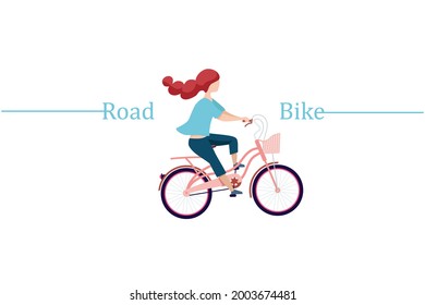 Classic City Bicycle. Girl on a bike. Ecological Sport Transport. Pink Women Bike side View. Blue sports bike isolated on white background.Vector Illustration.