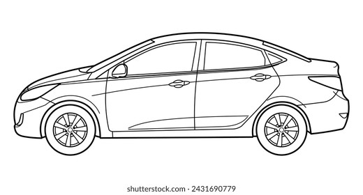 Classic city class sedan car. 4 door car on white background. Side view shot. Outline doodle vector illustration	
