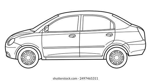 Classic city class sedan car. 4 door jalopy car on white background. Side view shot. Outline doodle vector illustration