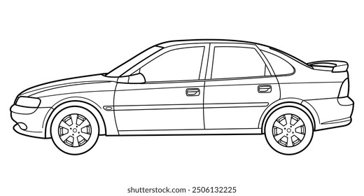 Classic city family class sedan car, style from 80s, 90s. 4 door car on white background. Side view shot. Outline doodle vector illustration