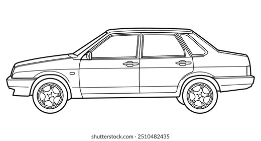 Classic city family class sedan car. 4 door car style from 90s on white background. Side view shot. Outline doodle vector illustration