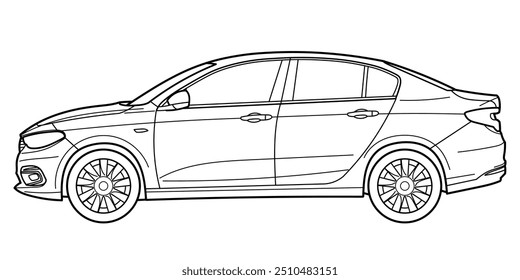 Classic city family class sedan car. 4 door car, modern style on white background. Side view shot. Outline doodle vector illustration