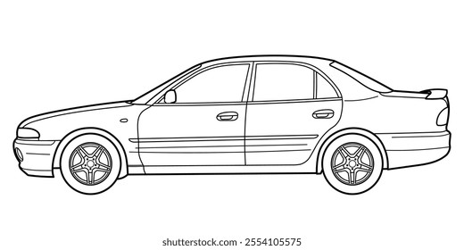 Classic city family class sedan car. 4 door car style from 90s on white background. Side view shot. Outline doodle vector illustration