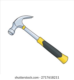 Arte vectorial clásico de martillo de garra con cabeza de acero pulido y mango ergonómico amarillo. La herramienta fundamental para proyectos de carpintería y bricolaje en el hogar.