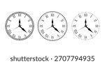 Classic Clock Face with Roman Numerals and Ornate outline icon. Black and white clock icons, wall clocks, roman numeral styles, analog and digital timepieces. vector illustration.