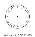 Classic clock face with Roman numerals in simple minimal style on white backdrop, concept of time, history and elegance. Hand-drawn vector illustration