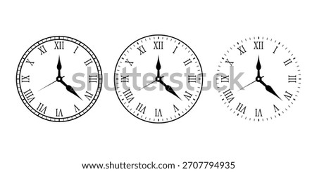 Classic Clock Face with Roman Numerals and Ornate outline icon. Black and white clock icons, wall clocks, roman numeral styles, analog and digital timepieces. vector illustration.