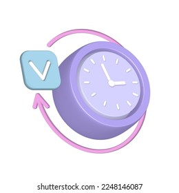 Classic clock icon with checkmark and round arrow. 3d render vector icon isolated on transparent background.