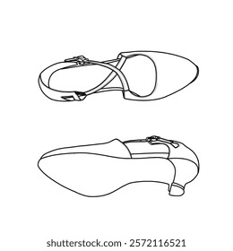 Classic closed toe ballroom dance shoes dress shoe with adjustable buckle vector line art. Top, and bottom view. Technical sketch hand drawing outline vector doodle illustration. 