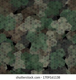 Classic clothing style illustration of masking camo in brown and green olive colors. Woodland forest camouflage. Seamless pattern background texture