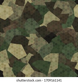 Classic clothing style illustration of masking camo in brown and green olive colors. Woodland forest camouflage. Seamless pattern background texture