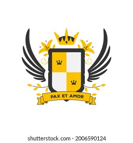 Cubierta clásica de armas en moderno estilo vectorial de dos colores. Escudo y alas con ramas y hojas. Insignia familiar, elementos heráldicos y banner para el lema. Cinta con el texto "Amor y paz" en latín.