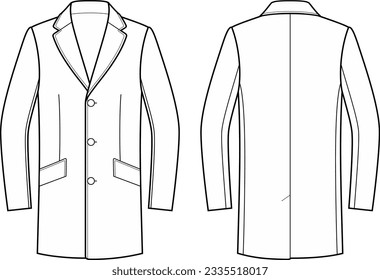 Classic coat flat sketch. Business overcoat apparel design. Front and back. Men CAD mockup. Fashion technical drawing template. Vector illustration.
