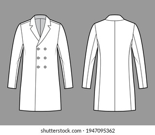 Classic coat technical fashion illustration with thigh length, notched shawl collar, oversized body, double breasted. Flat jacket template front, back, white color style. Women, men, unisex CAD mockup