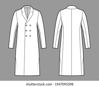 Ilustración de moda técnica de abrigo clásico con longitud de rodilla, mangas largas, collarín de chapa, pechos dobles. Plantilla de chaqueta plana frontal, posterior, color blanco. Mujeres, hombres unisex top CAD mockup