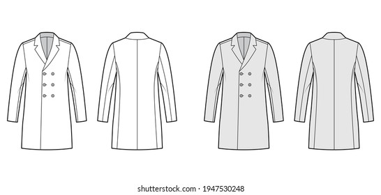 Classic coat technical fashion illustration with thigh length, notched shawl collar, oversized body, double breasted. Flat jacket template front, back, white, grey color. Women, men, unisex CAD mockup