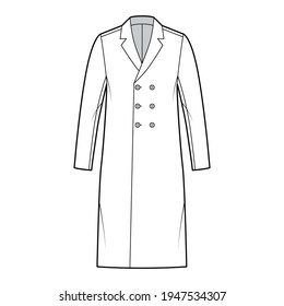 Classic coat technical fashion illustration with knee length, long sleeves, notched shawl collar, oversized body, double breasted. Flat jacket template front, white color style. Women, men CAD mockup