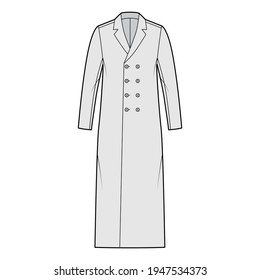 Classic coat technical fashion illustration with midi length, long sleeves, notched shawl collar, oversized body, double breasted. Flat jacket template front, grey color style. Women, men, CAD mockup