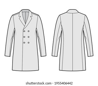 Classic coat technical fashion illustration with thigh length, long sleeves, notched shawl collar, oversized body, double breasted. Flat jacket template front, back, grey color style. Women, men CAD