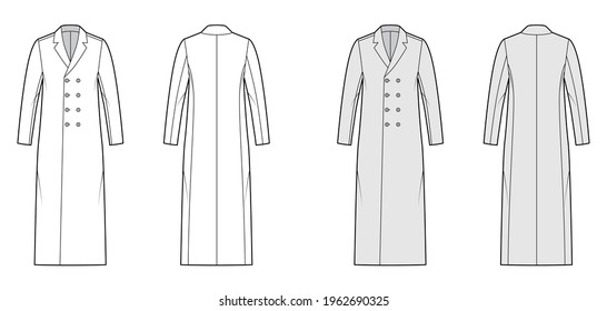 Classic coat technical fashion illustration with midi length, long sleeves, notched collar, oversized body, double breasted. Flat jacket template front, back, white, grey color. Women, men, CAD mockup